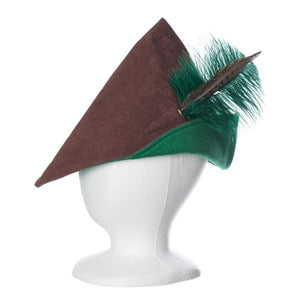 Brown and green Robin Hood style adult hat with feather