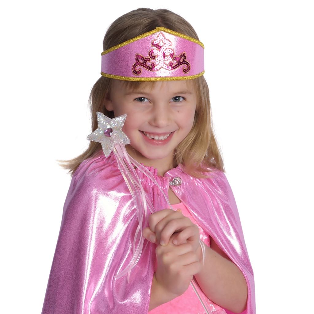 girl wearing pink princess crown and cape with wand