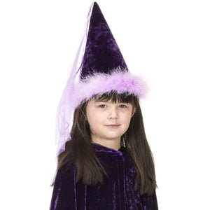 girl wearing purple princess hat with boa trim