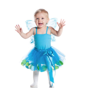 toddler wearing teal fairy tutu skirt with tulle and flower petals
