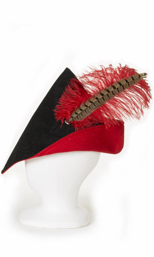 Child's woodsman hat in black and red with red feather
