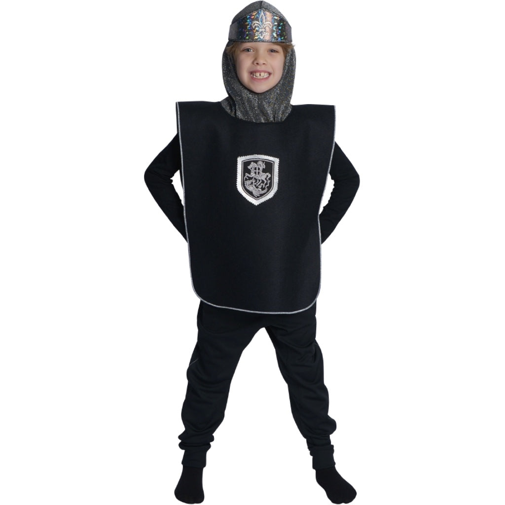 Boy dressed up as knight in black tabard and crown costume set