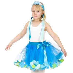 Girl wearing teal flower ribbon headband and turquoise fairy costume tutu skirt