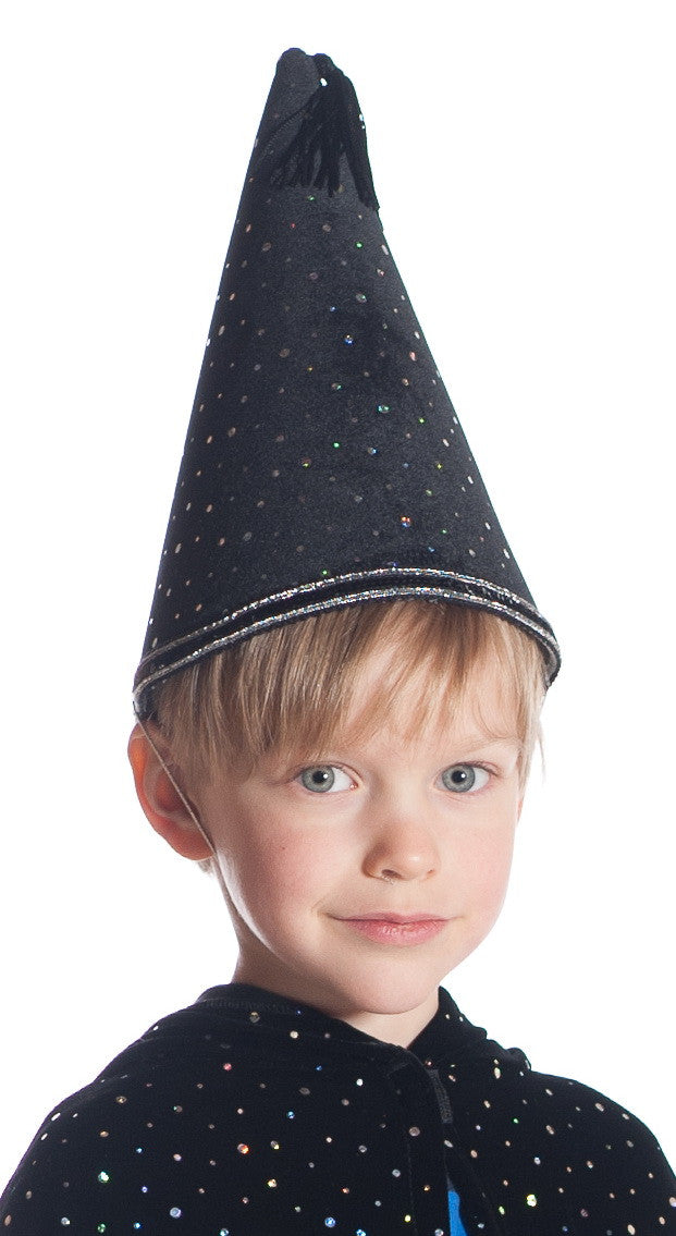 Boy wearing black wizard hat