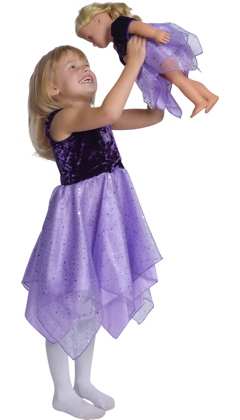 girls purple fairy dancer dress with matching purple doll dress  