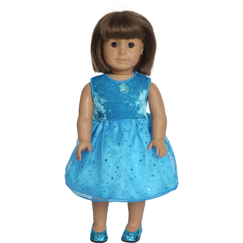 teal fairy dress for 18 inch doll with matching doll shoes