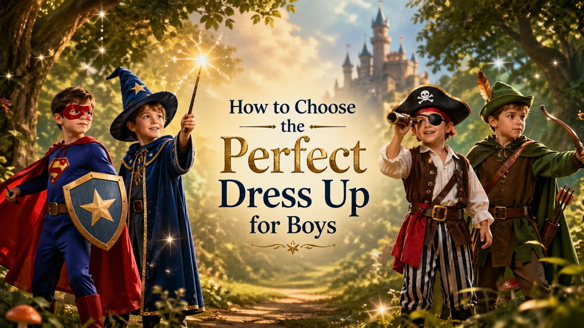 Boys dress up costumes including superhero, wizard, pirate and woodsman outfits for imaginative play