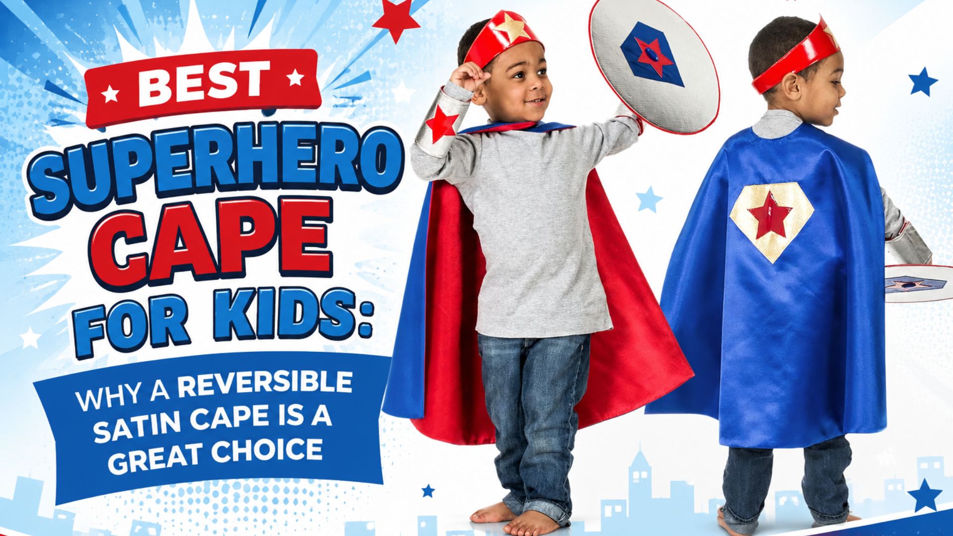Kids wearing a reversible satin superhero cape costume with shield and headband in red and blue superhero theme banner design