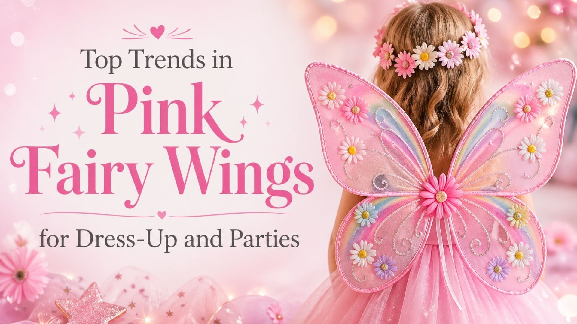 Top Trends in Pink Fairy Wings for Dress-Up and Parties banner featuring a child wearing pink fairy wings with rainbow daisy details and a floral headband in a soft pastel background