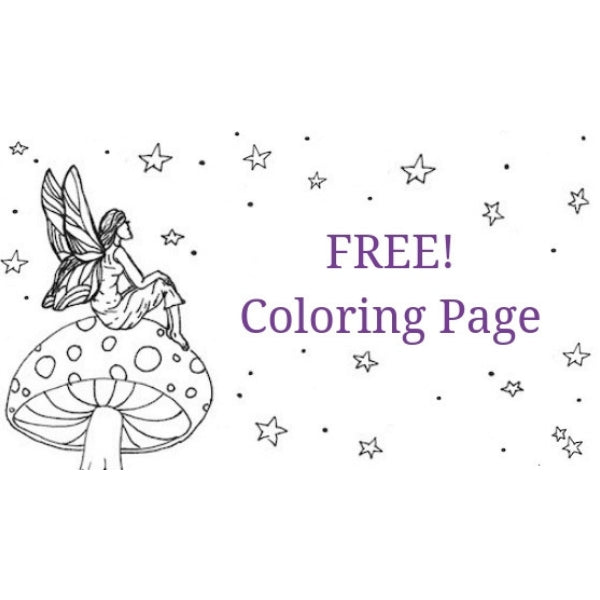 Free coloring page of a fairy sitting on a mushroom looking at stars