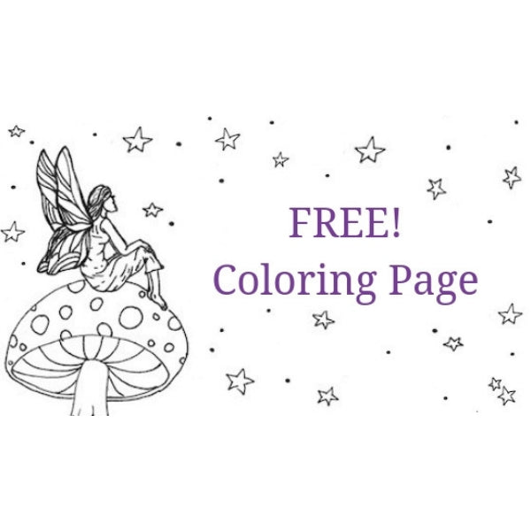 Free coloring page of a fairy sitting on a mushroom looking at stars