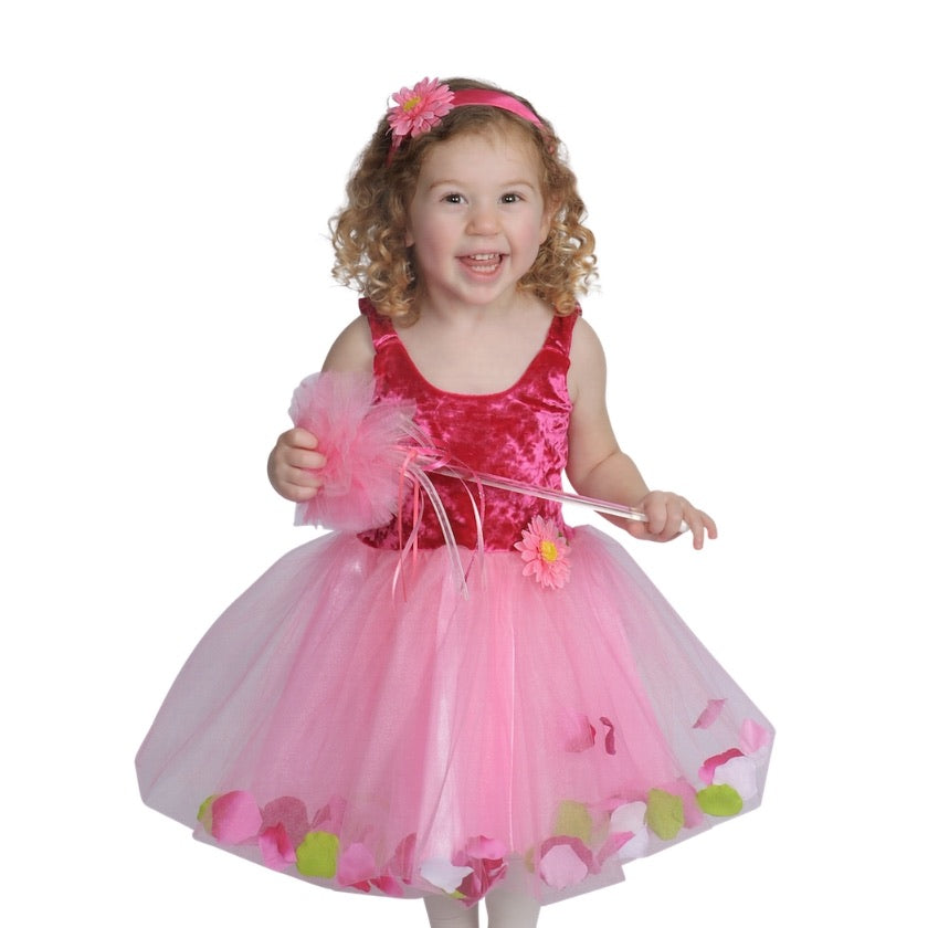 Girl wearing a pink fairy dress with tutu skirt and holding a princess wand