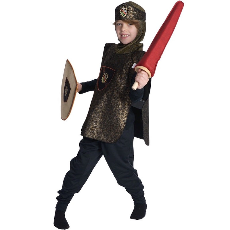 child dressed up as a knight holding shield and toy sword