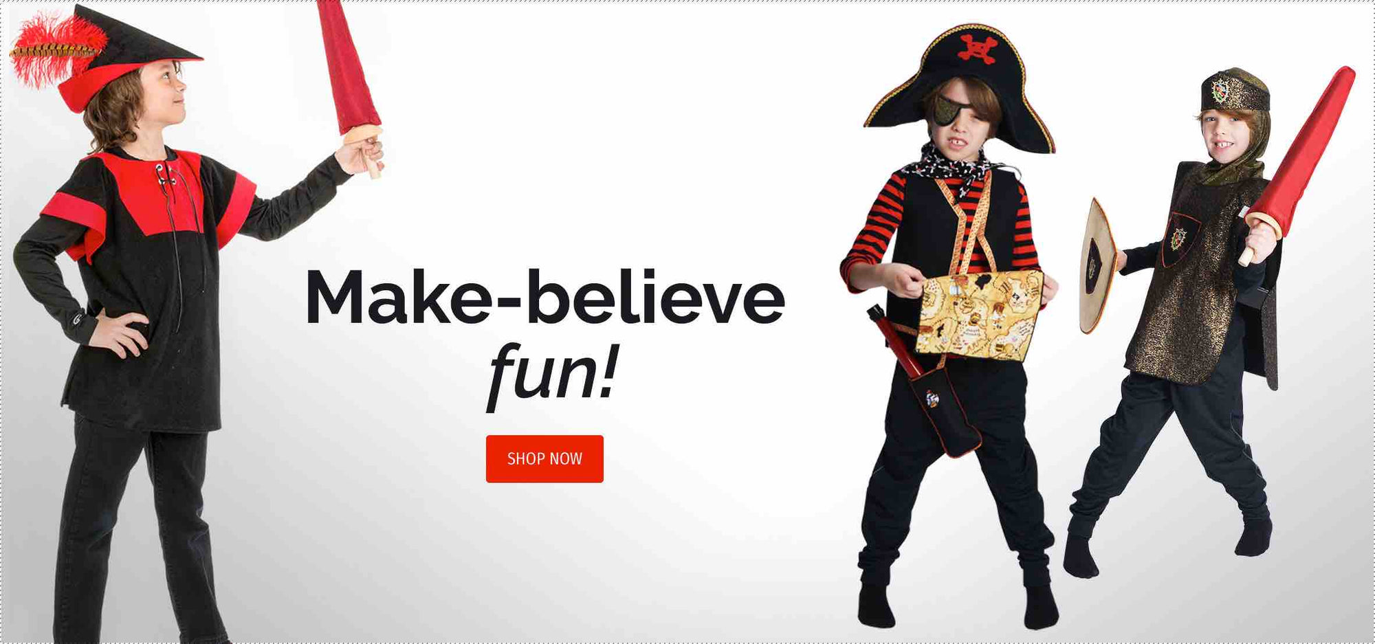 Image of kids wearing robin hood, pirate, and knight costumes. Text reads: Make-believe fun!