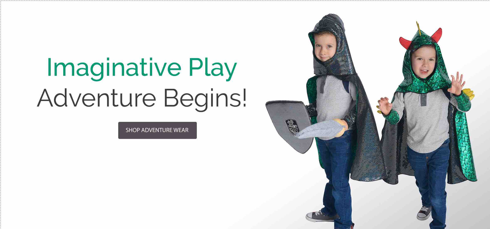 Image of kids wearing imaginative play capes and costumes. Text reads: Imaginative Play. Adventure Begins!