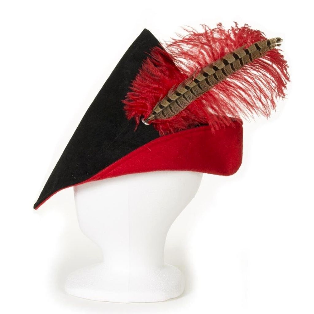 Black and red Robin Hood style adult hat with feather