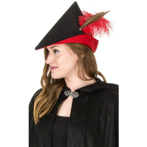 Black and red Robin Hood style adult hat with feather