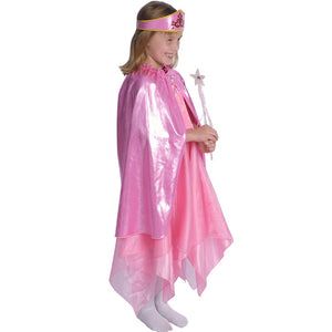 girl dressed up in pink princess dress and cape with wand