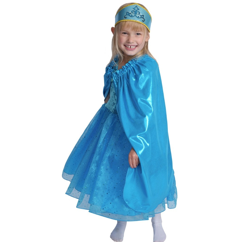 girl dressed up in blue princess dress and cape