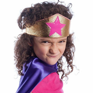 girl wearing gold and pink superhero crown