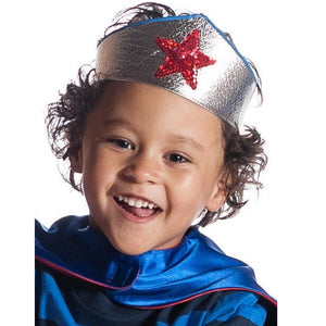 child wearing silver superhero crown