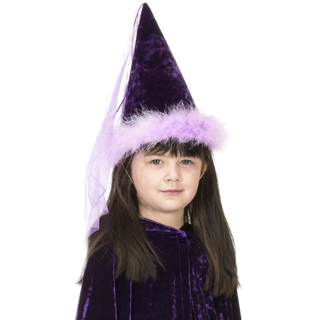 girl wearing purple princess hat with boa trim