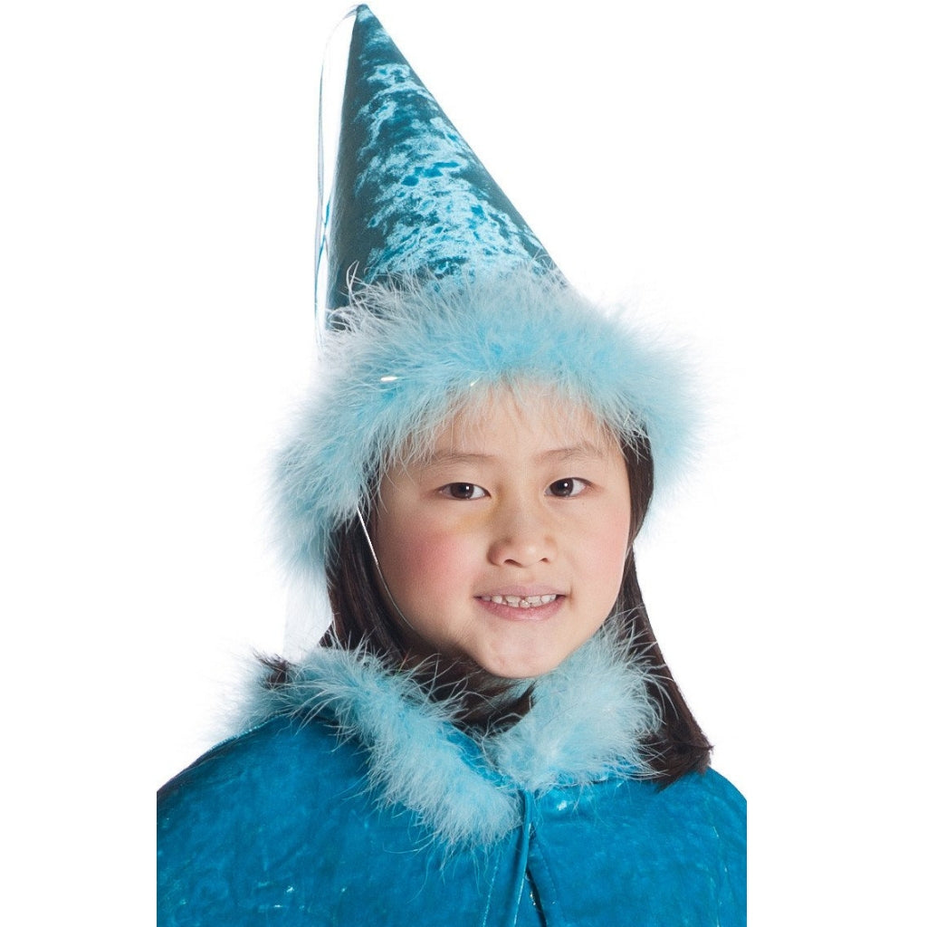 girl wearing teal princess hat with boa trim