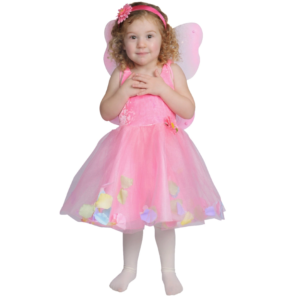 child dressed up in fairy dress with pink tulle and flower petal skirt