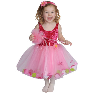 child dressed up in fairy dress with pink tulle and flower petal skirt