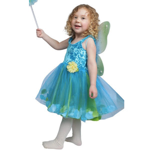 child dressed up in turquoise fairy dress and wings holding a fairy wand