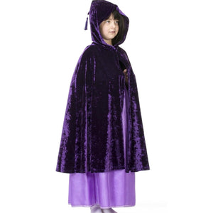 girl wearing purple velvet hooded cape with tassel hood