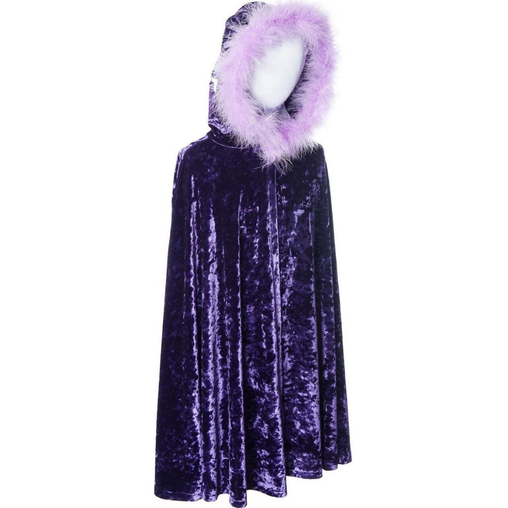 girl wearing purple velvet cape with fur trimmed hood
