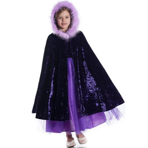 girl wearing purple velvet cape with fur trimmed hood