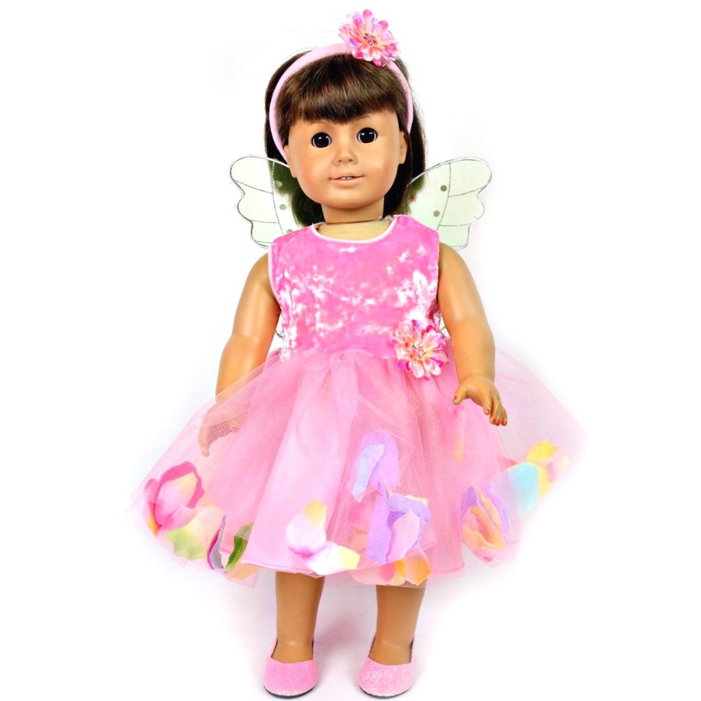 doll fairy dress in teal with doll fairy wings and shoes