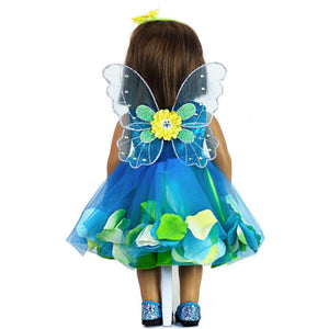 doll fairy dress in teal with doll fairy wings and shoes back view