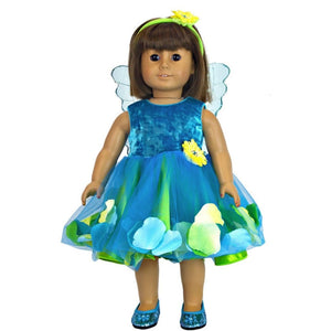 doll fairy dress in teal with doll fairy wings and shoes