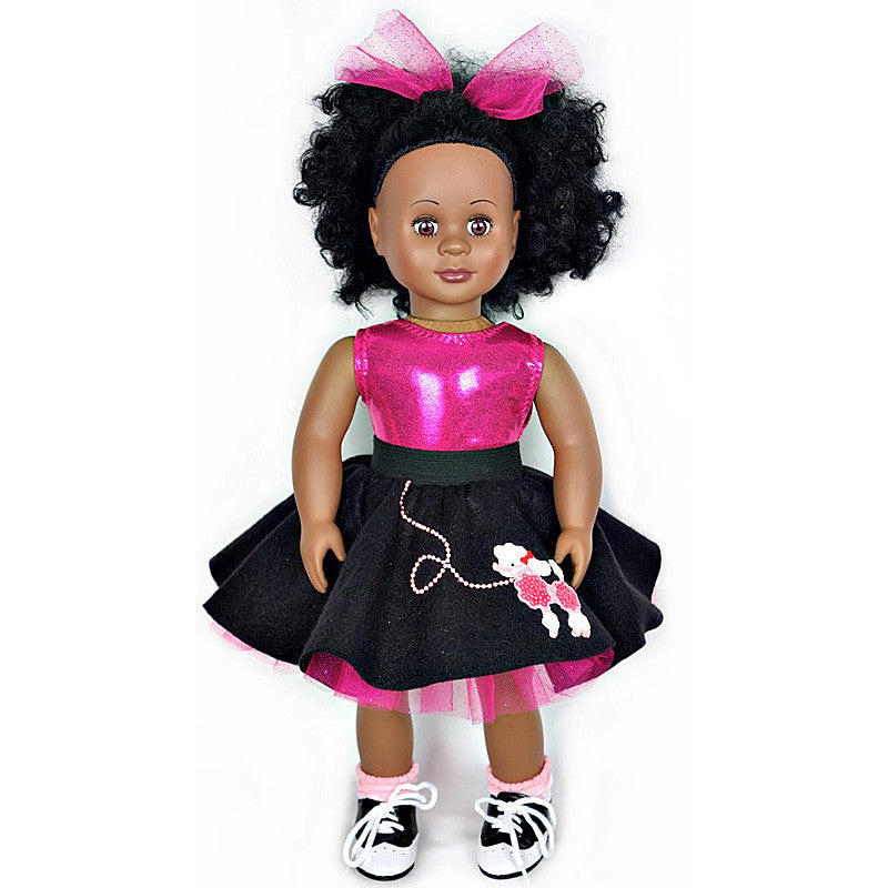 18 inch doll wearing poodle skirt and doll saddle shoes
