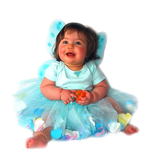 infant wearing fairy wings and aqua tulle tutu with flower petals