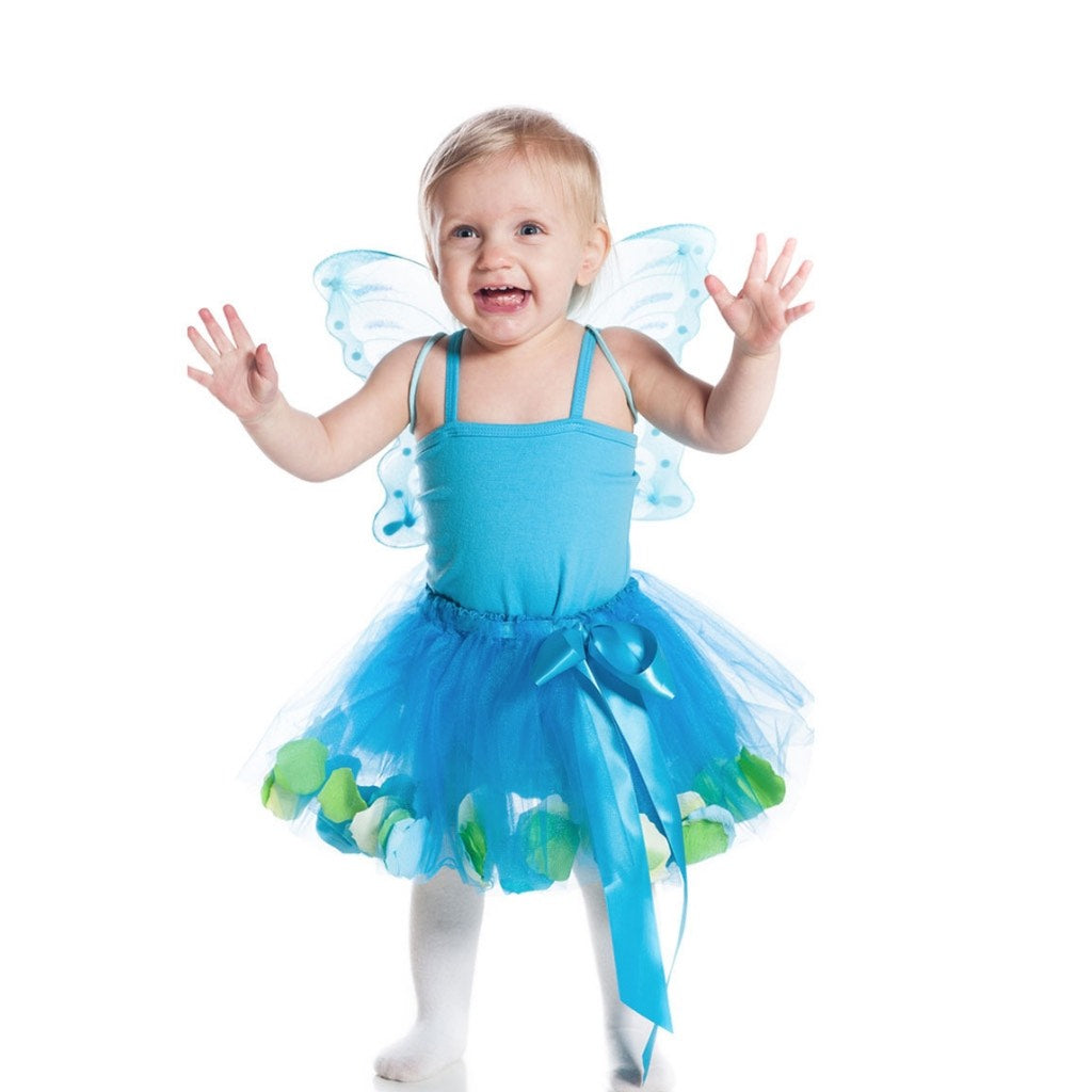 toddler wearing pink fairy tutu skirt with tulle and flower petals