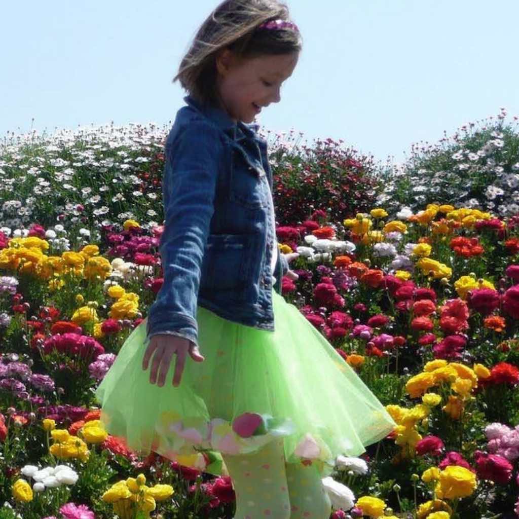 girl wearing green tulle fairy tutu in a field of flowers
