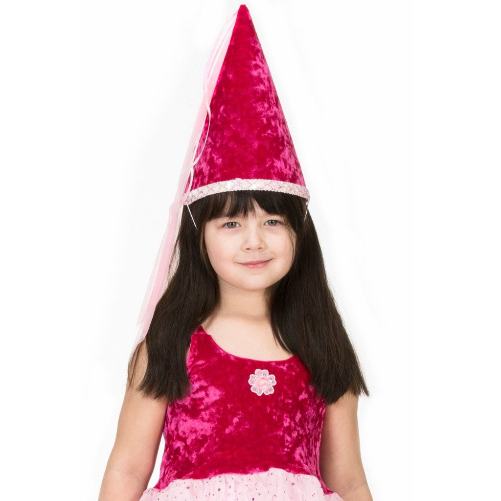 girl wearing fuchsia velvet princess hat
