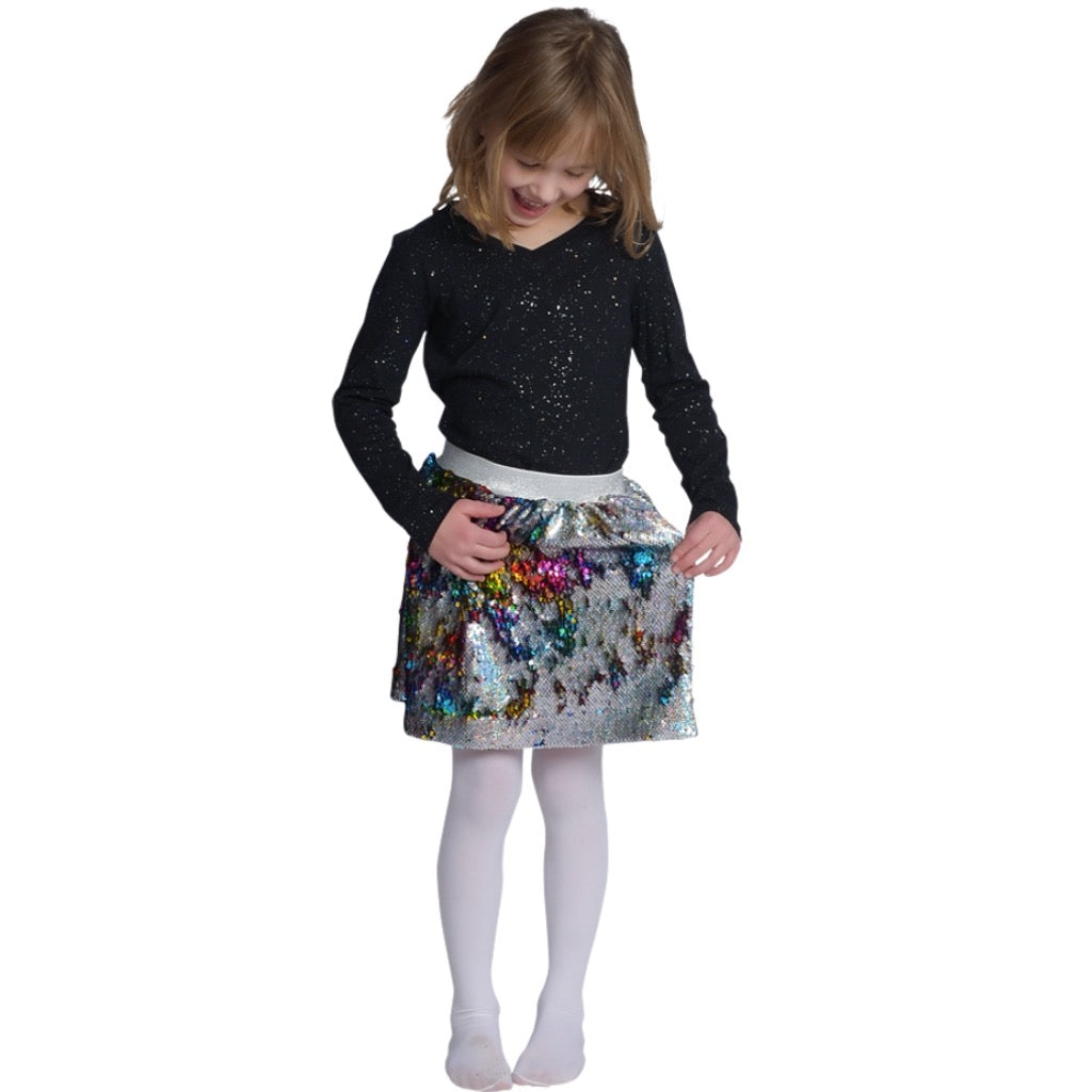 girl wearing multicolor flippy sequin skirt