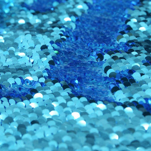 detail of mermaid blue flippy sequin skirt fabric