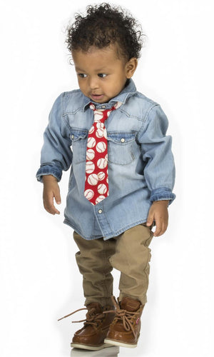 Toddler wearing Fly Guy necktie in red baseball print