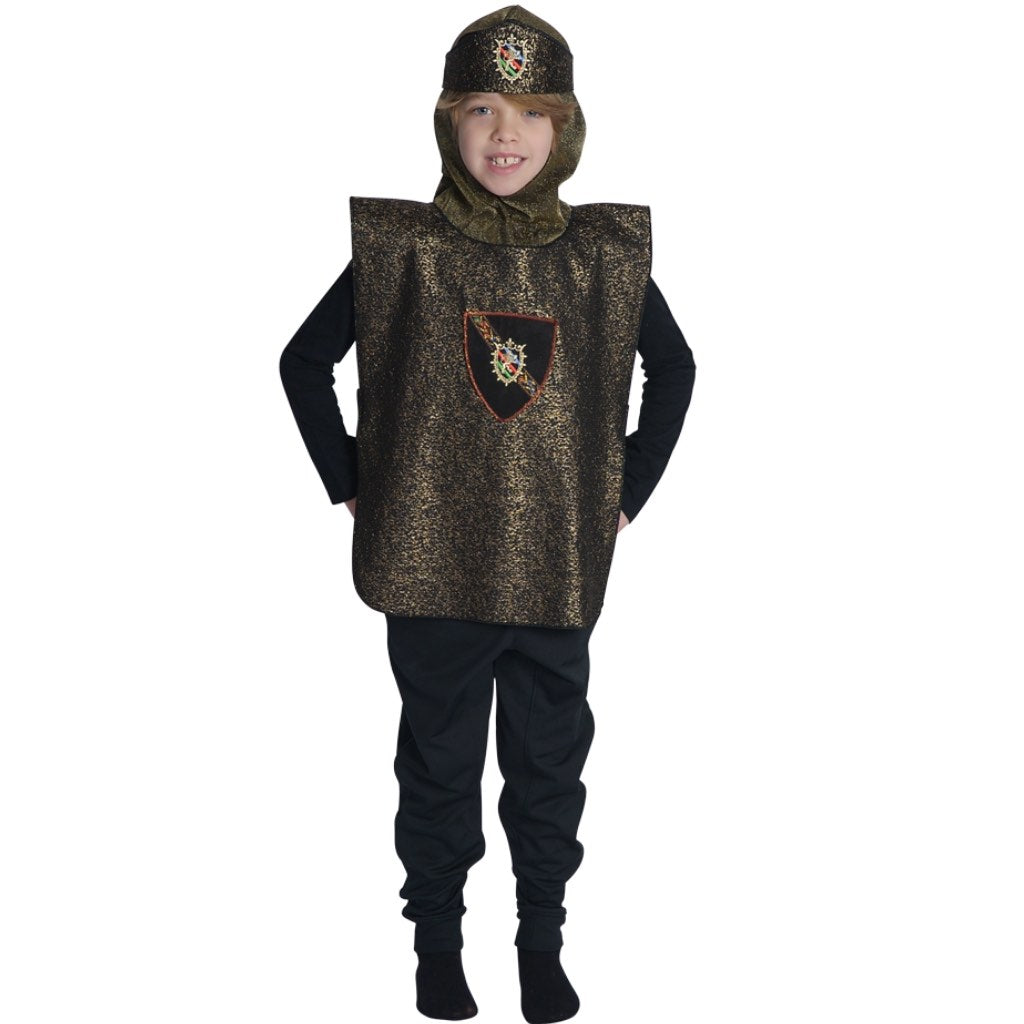 Boy wearing knight costume dress up with gold shield, crown and felt sword