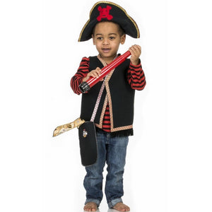 toddler wearing pirate costume with vest and pirate hat
