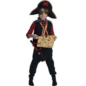 kid wearing pirate costume and holding treasure map