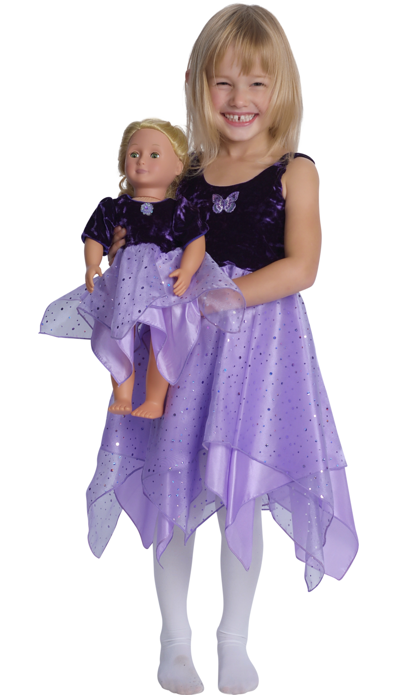 girls purple fairy dancer dress with matching purple doll dress  