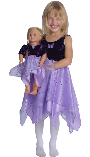 girls purple fairy dancer dress with matching purple doll dress  
