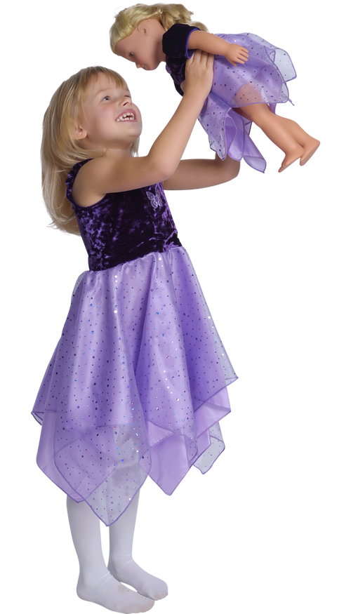 girls wearing purple fairy dress holding doll in matching dress